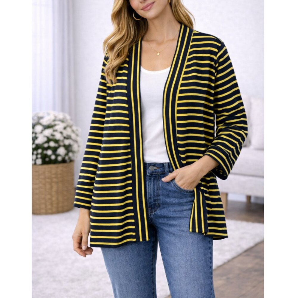 Denim & Co. Women's Yellow Navy Striped Essentials Jersey Open Cardigan Size 1X